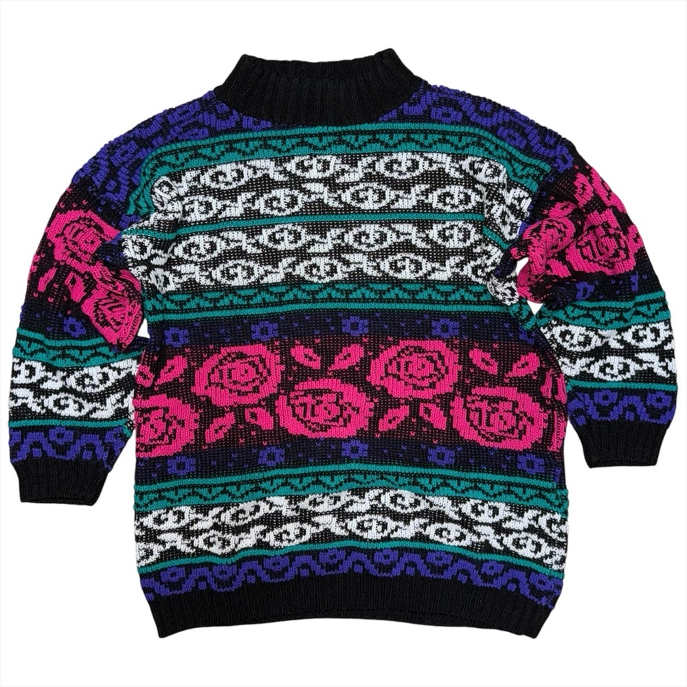 Vintage 80s Sister Sister Girls Sweater Size M (10-12) Bold Floral Knit USA Made